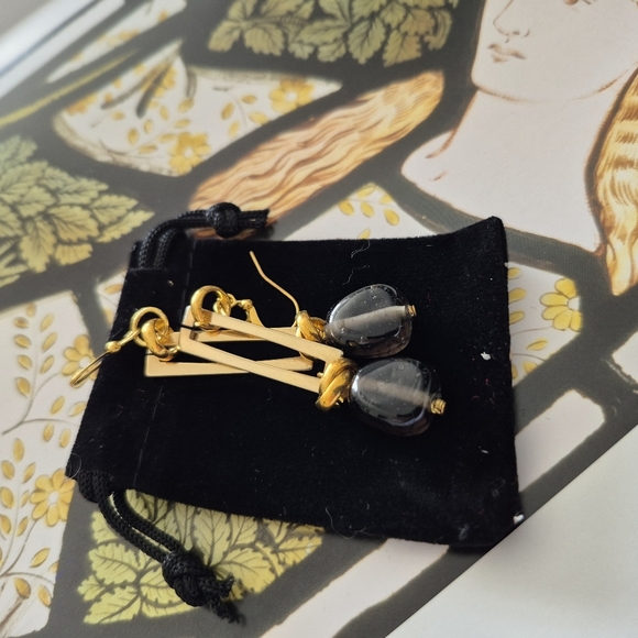 Modern Gold and Black Dangle Earrings with Geometric Design And Black Drop - Picture 3 of 5